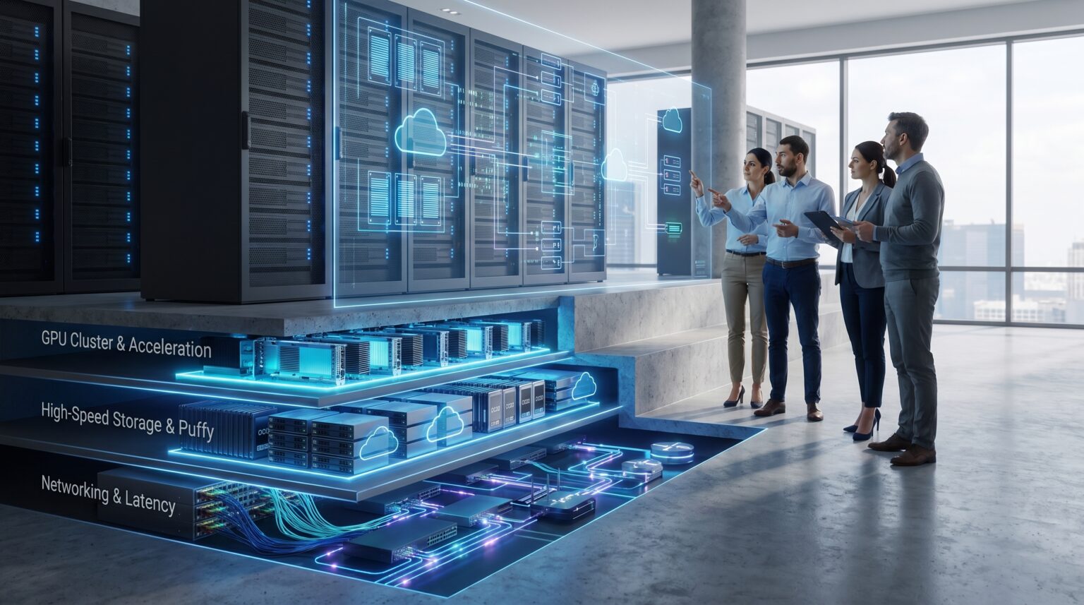 Menschen betrachten Serverraum mit digitaler Architekturvisualisierung.