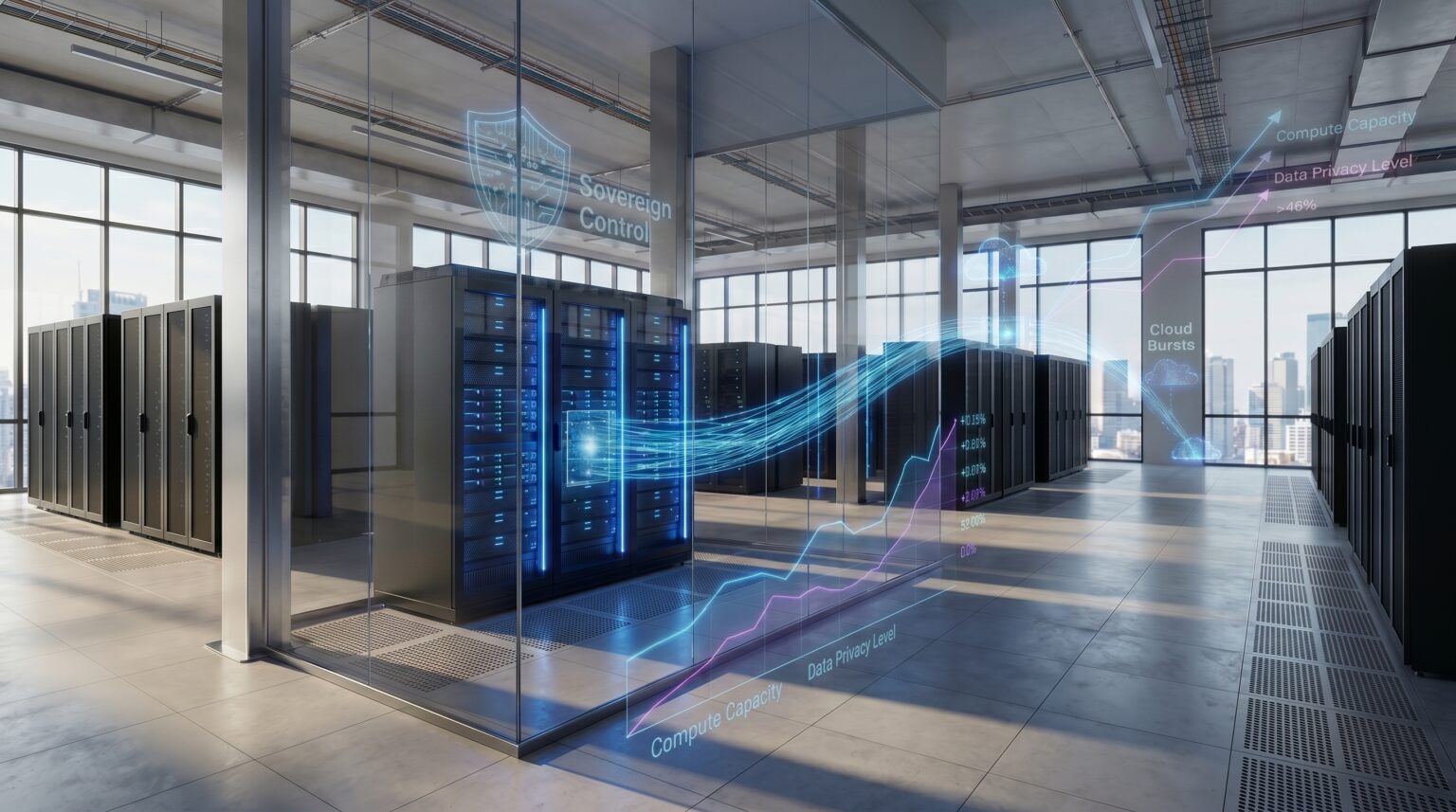 Rechenzentrum mit Servern und digitaler Datenvisualisierung.