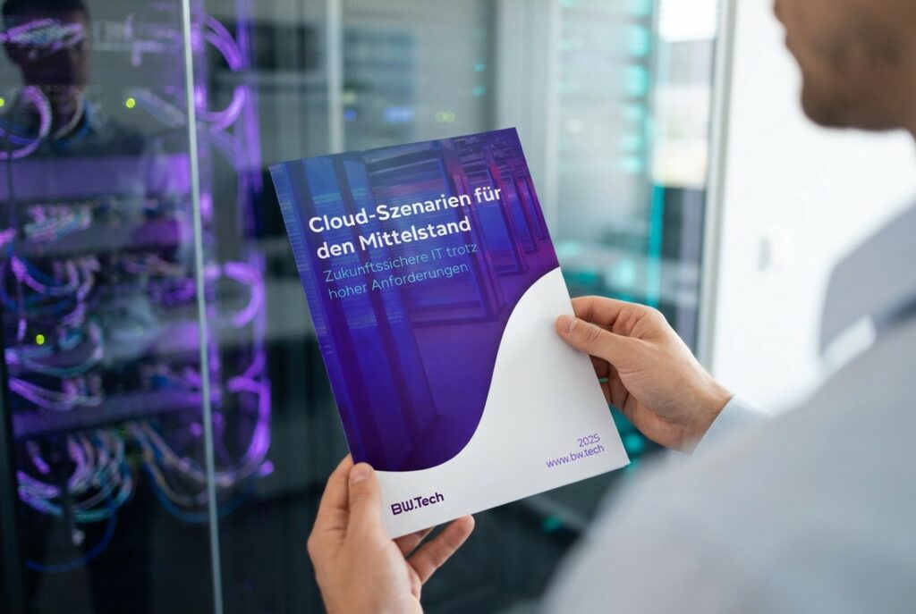 Person hält das gedruckte BW.Tech-Whitepaper „Cloud-Szenarien für den Mittelstand“ vor einem Serverraum
